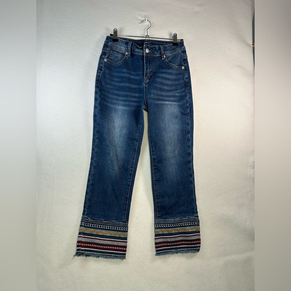 Women’s Boho Dark Blue Embroidered Patchwork Hem Jeans
